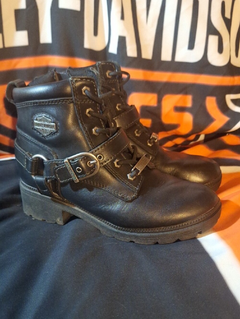 Harley-Davidson Black Leather Lace & Buckle Motorcycle Boots